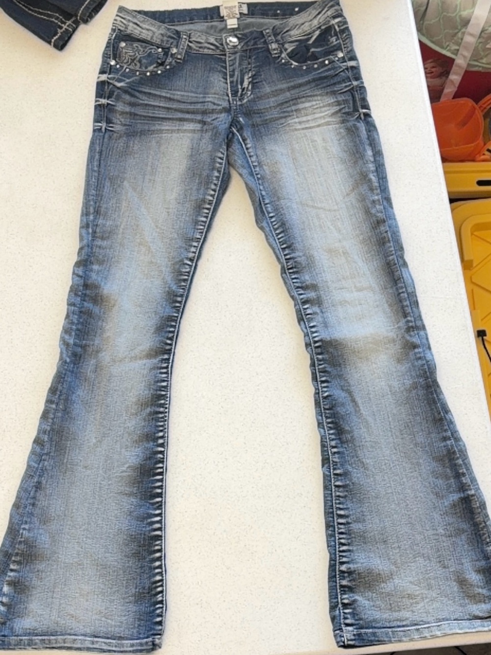 Mudd Women's Light Blue Flared Jeans with Distressed Wash